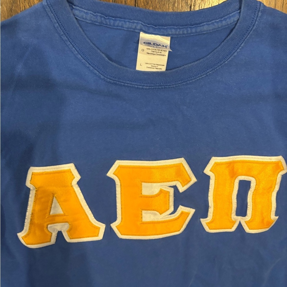Aepi blue short sleeve shirt with Yellow Greek Letters- size large - Picture 2 of 3